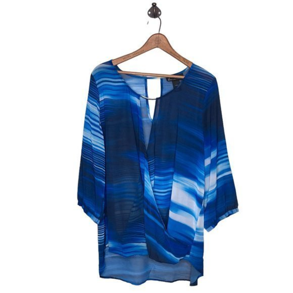 Lane Bryant 14/16 Blue Watercolor Sheer Chiffon Keyhole Pullover Top Blouse Plus
